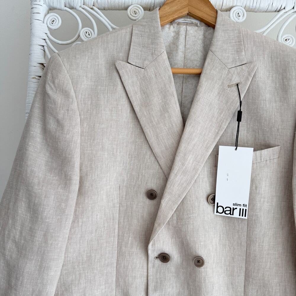 Bar III Linen Blazer 42R Mens Beige Double Breasted Sport Coat Jacket Dinner - Picture 2 of 12